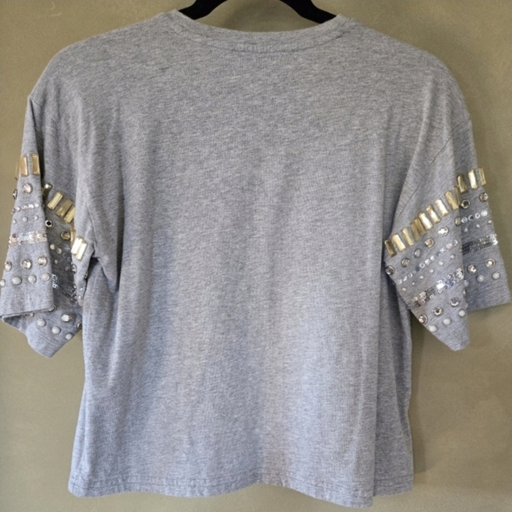 Michael Kors Embellished Sleeve Grey T-Shirt - Oversized XS - Picture 3 of 7